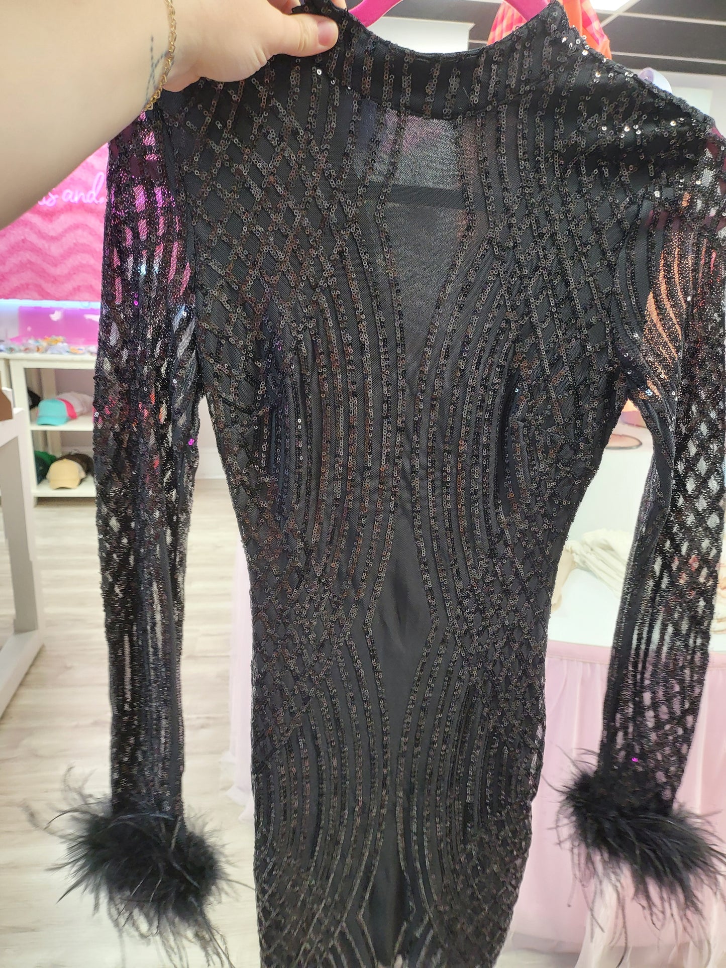 Sequin Dress with Feather Sleeve Accent